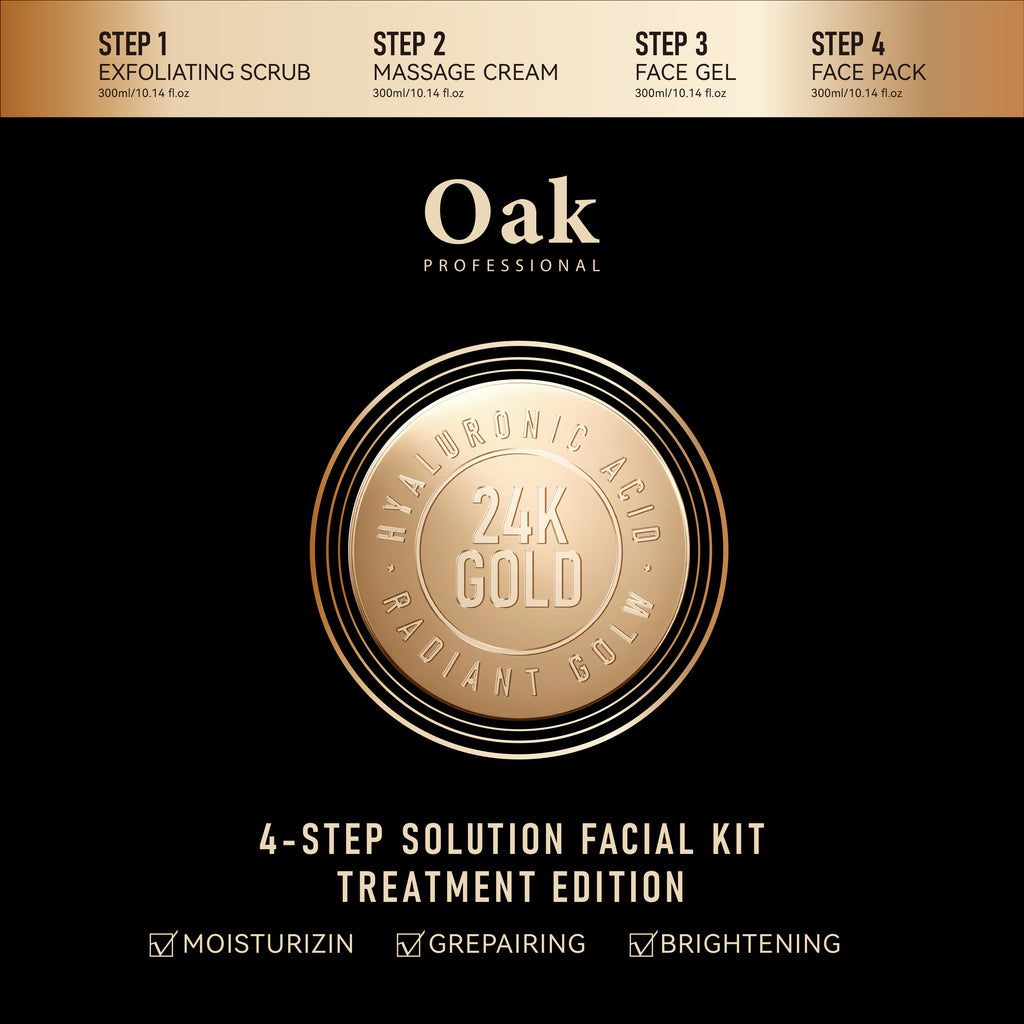Oak Professional 4-step solution facial kit with 24K Gold on a black background