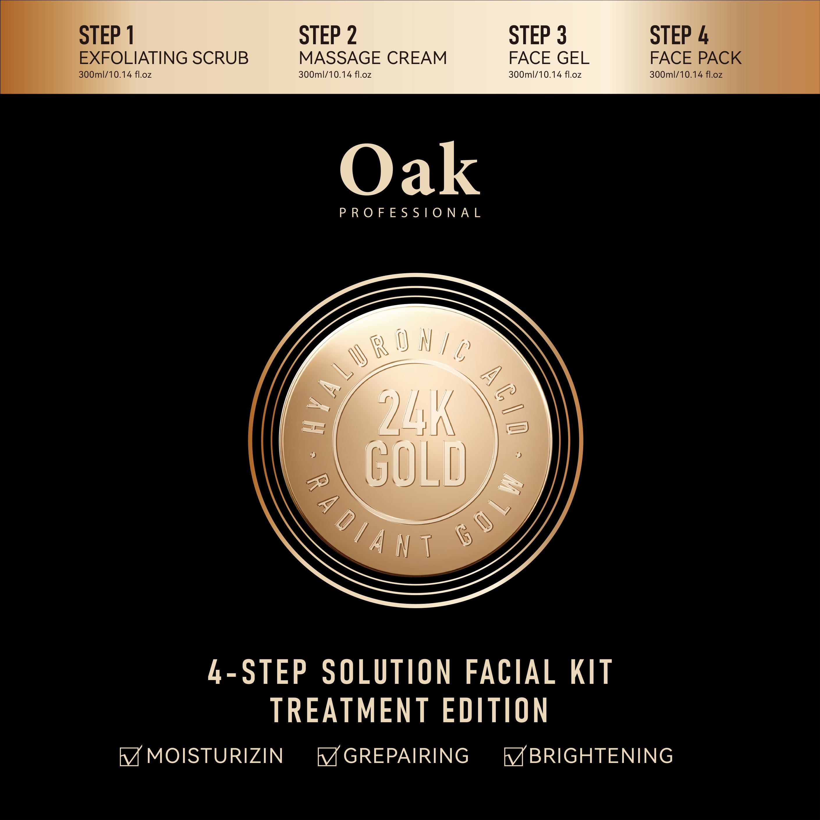 Oak Professional 4-step solution facial kit with 24K Gold on a black background