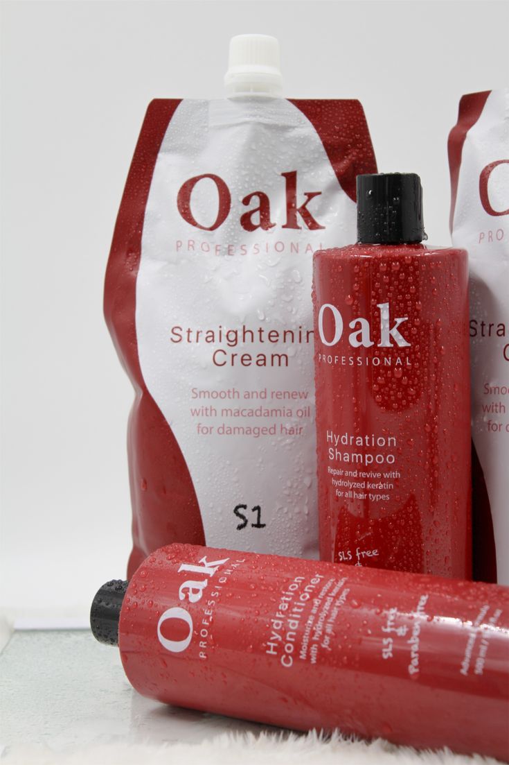 Oak Professional hair care products including Straightening Cream, Hydration Shampoo, and Hydration Conditioner on a white background.