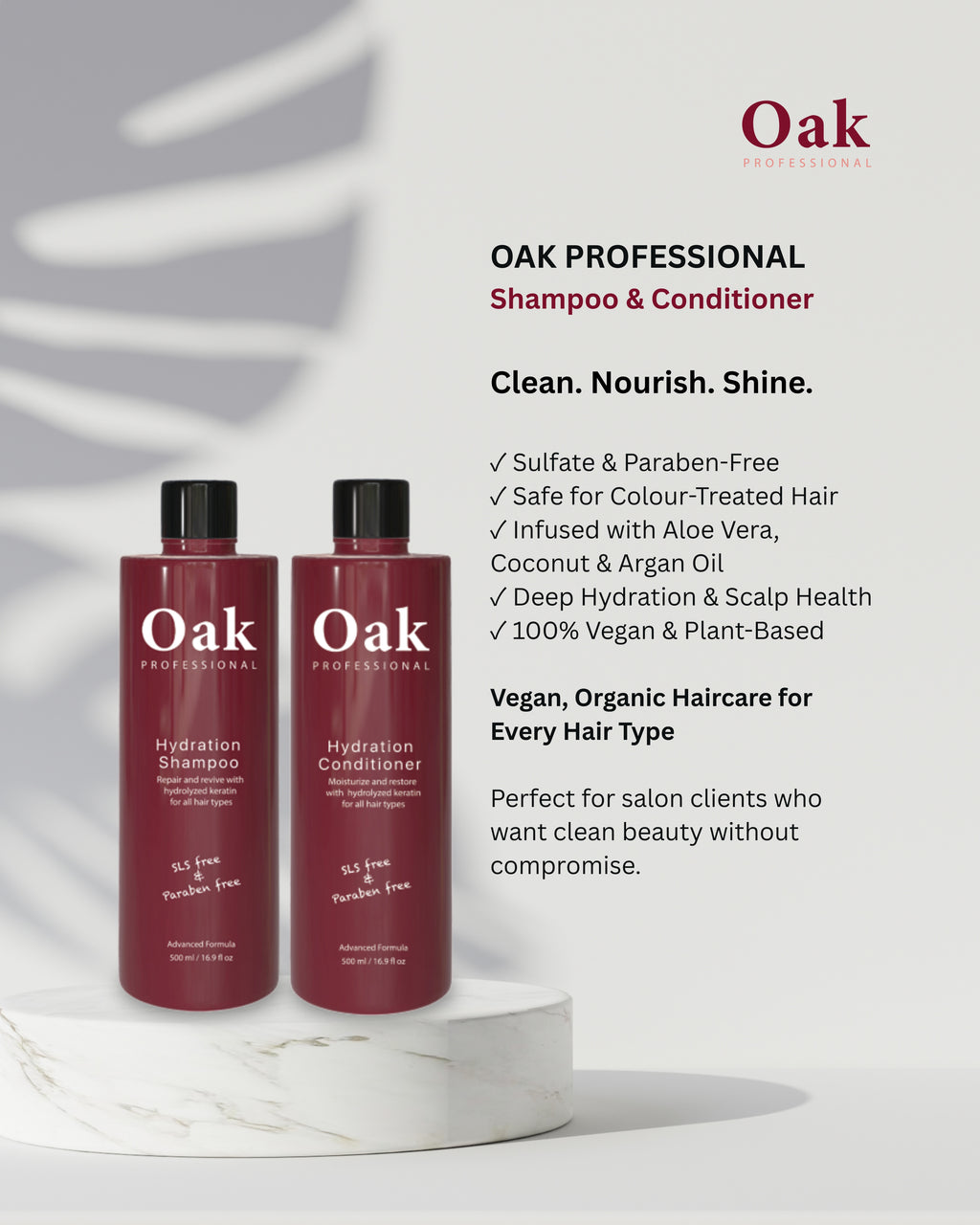 Two bottles of Oak Professional Shampoo and Conditioner on a white background with product details.
