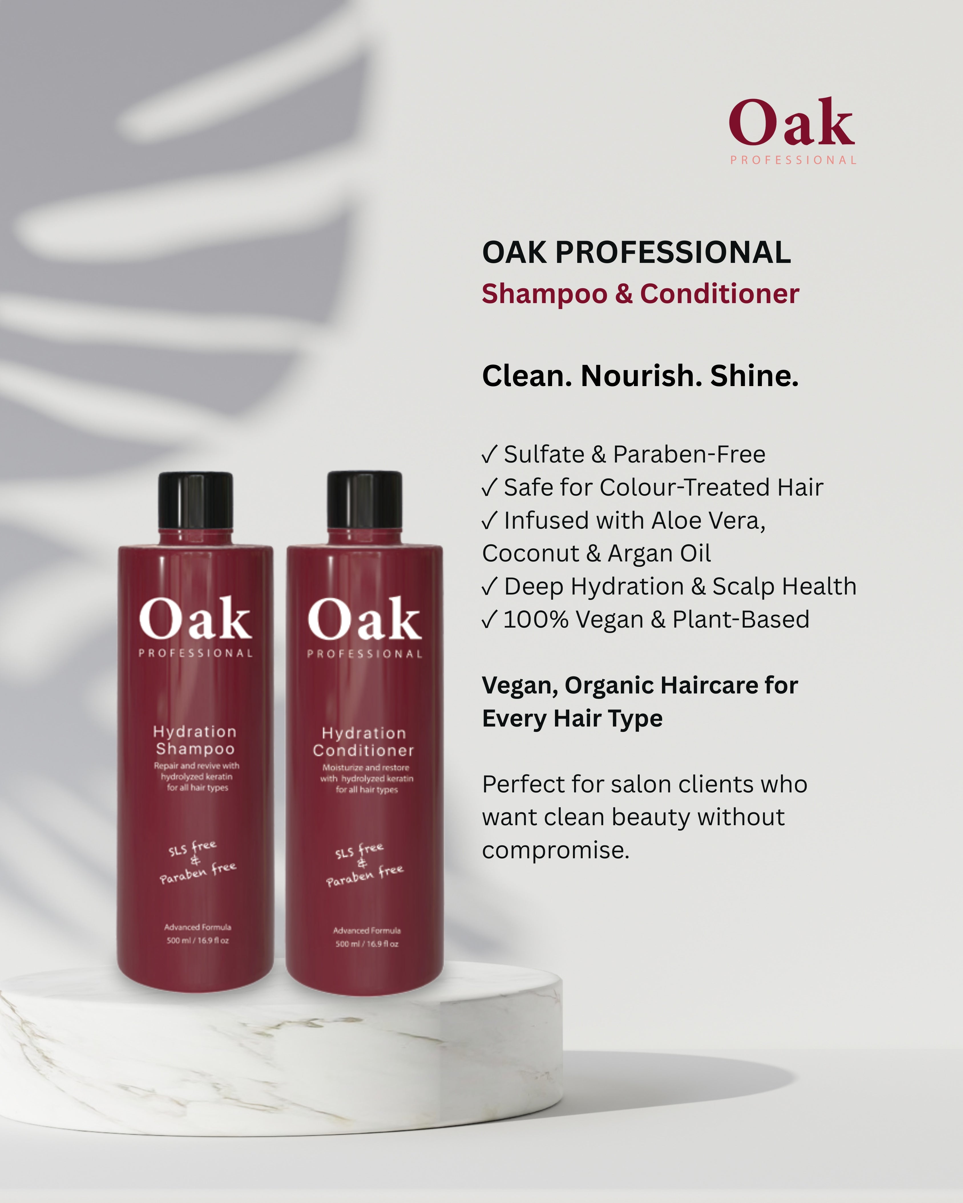 Two bottles of Oak Professional Shampoo and Conditioner on a white background with product details.