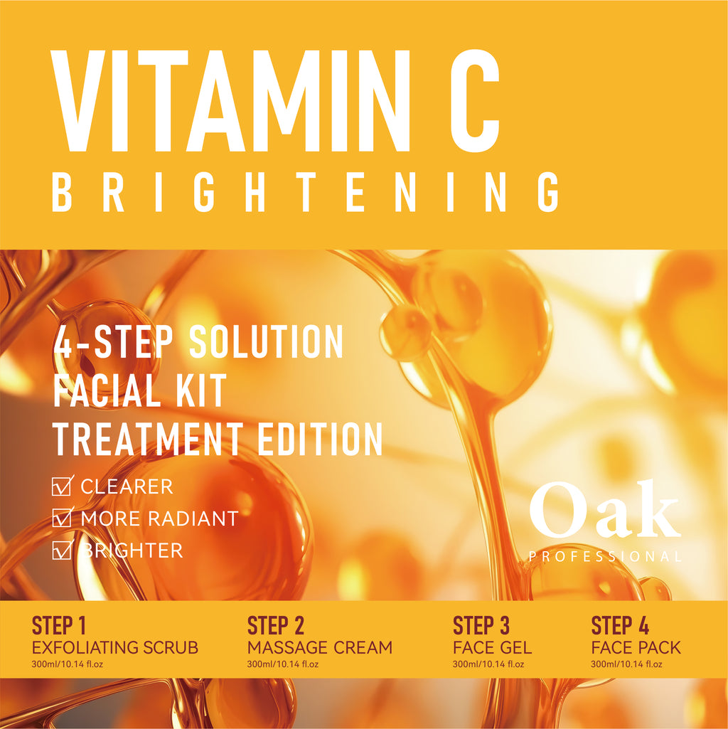 Vitamin C brightening facial kit packaging with product steps on a yellow background